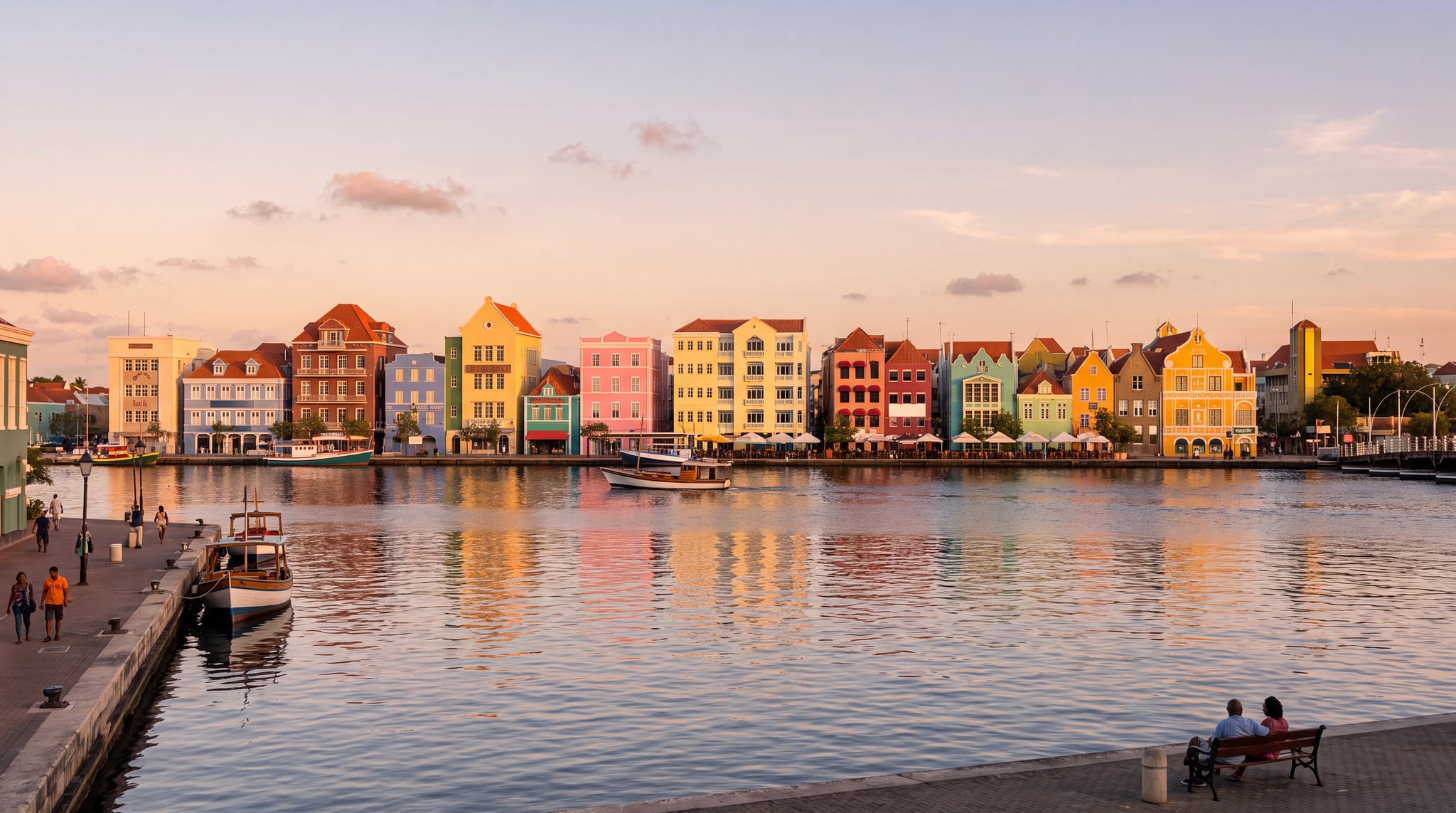 Willemstad's Handelskade waterfront at golden hour, Curacao