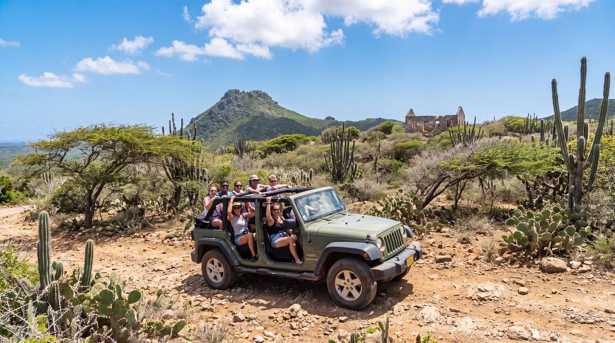Open 4x4 on a dirt track inside Christoffel National Park, Curacao