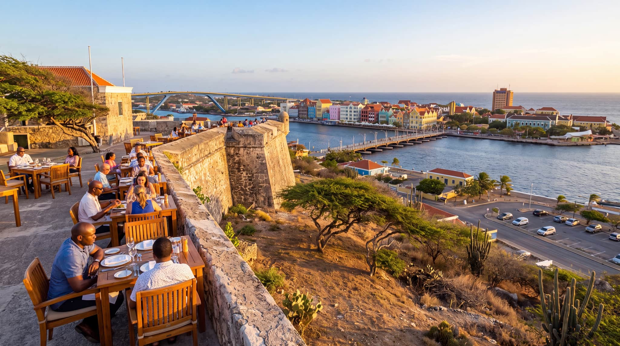 Fort Nassau Restaurant, Willemstad, Curacao, a restored hilltop fort overlooking the harbor