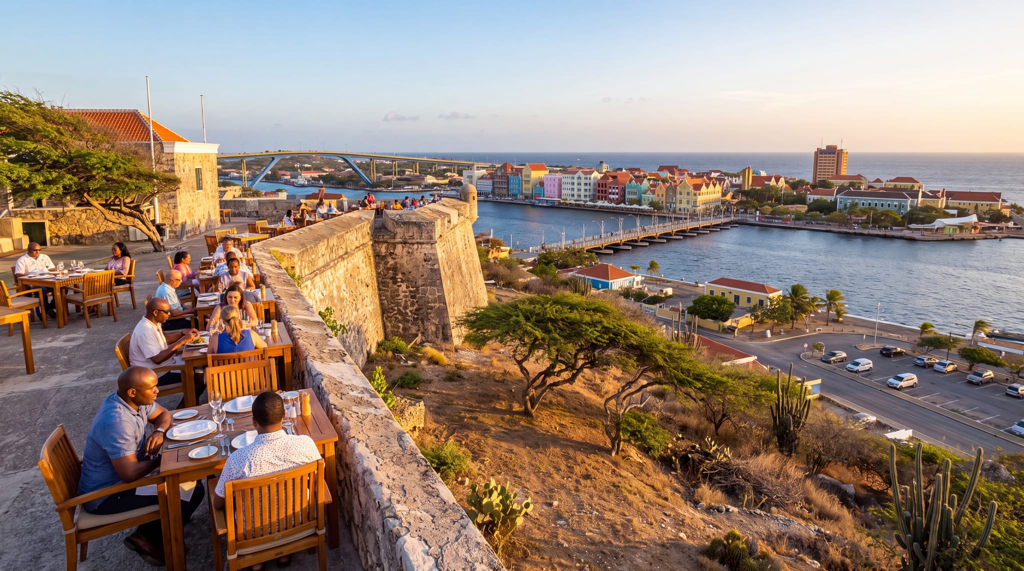Fort Nassau Restaurant, Willemstad, Curacao, a restored hilltop fort overlooking the harbor