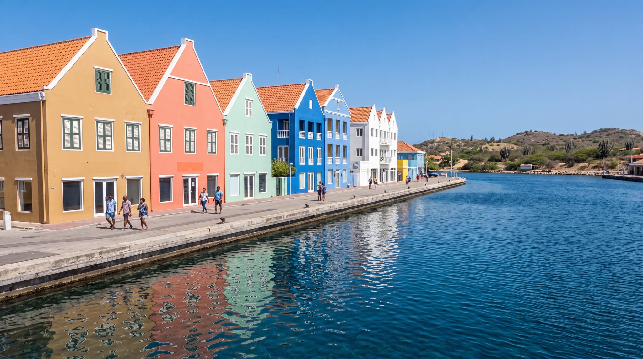 The painted Handelskade facades on the waterfront in Willemstad, Curacao